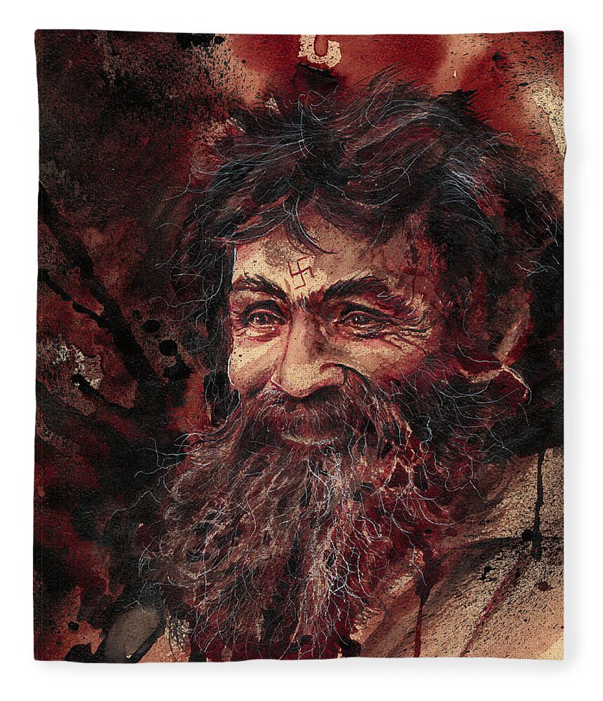 Ryan Almighty Fleece Blanket featuring the painting CHARLES MANSON portrait dry blood by Ryan Almighty