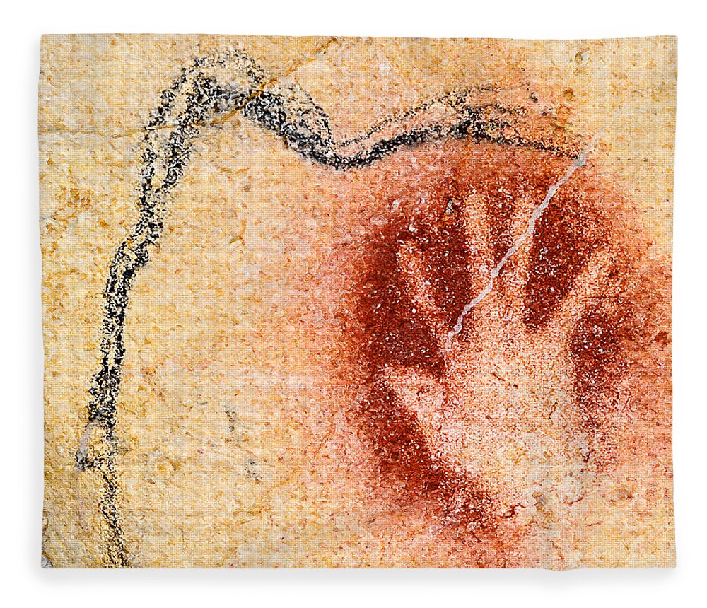 Chauvet Fleece Blanket featuring the digital art Chauvet Red Hand and Mammoth by Weston Westmoreland