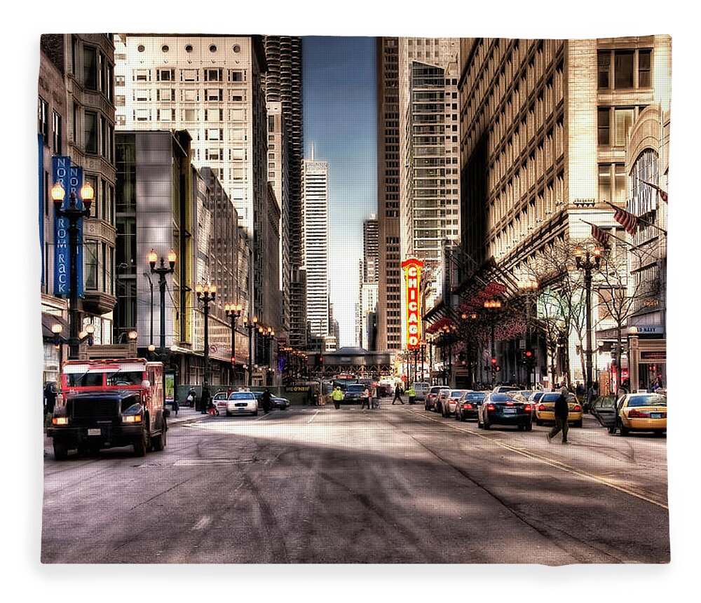 Downtown District Fleece Blanket featuring the photograph Chicago City Center At State Street by Paul Biris