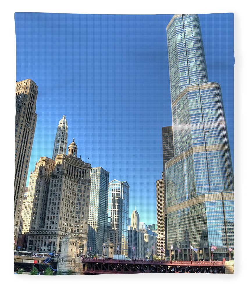 Drawbridge Fleece Blanket featuring the photograph Chicago Skyline And River With Trump by Weible1980