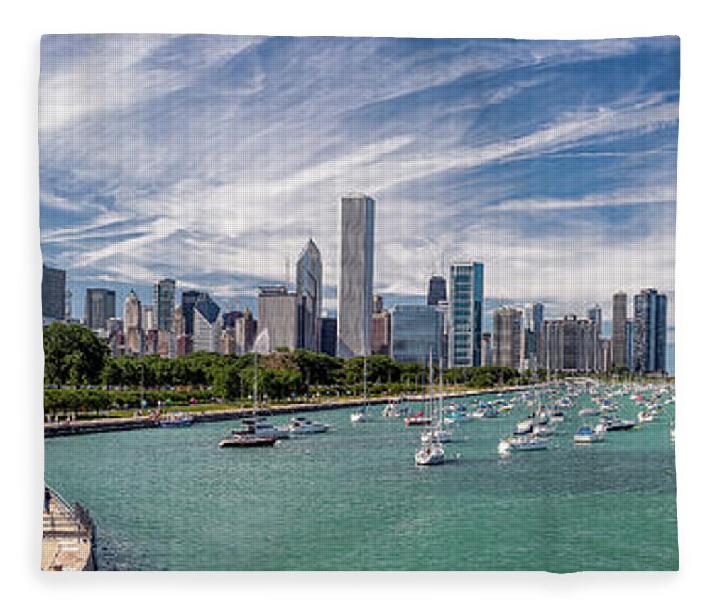 3scape Fleece Blanket featuring the photograph Chicago Skyline Daytime Panoramic by Adam Romanowicz