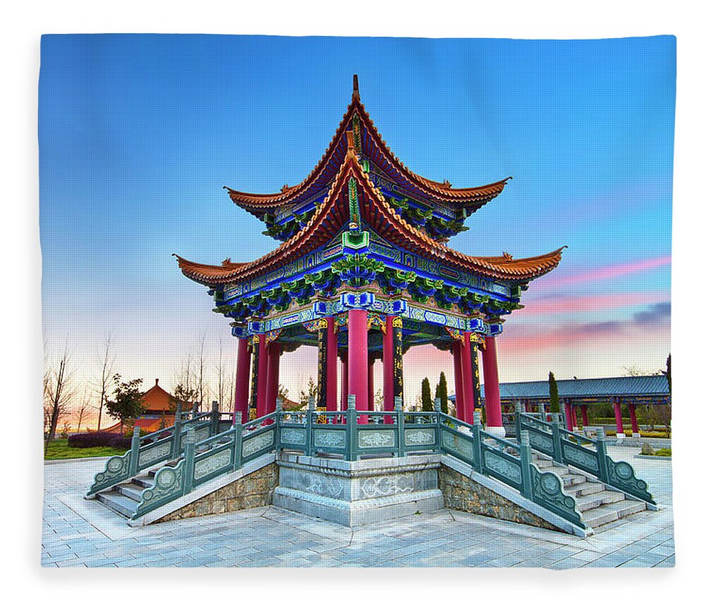 Chinese Culture Fleece Blanket featuring the photograph China Dali Pavilion by Seng Chye Teo