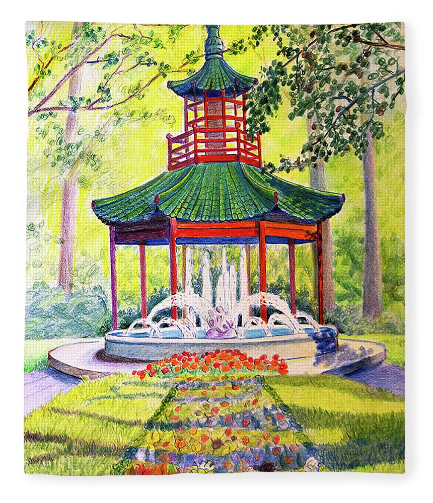Pagoda Fleece Blanket featuring the drawing Chinese Pagoda by Margaret Zabor