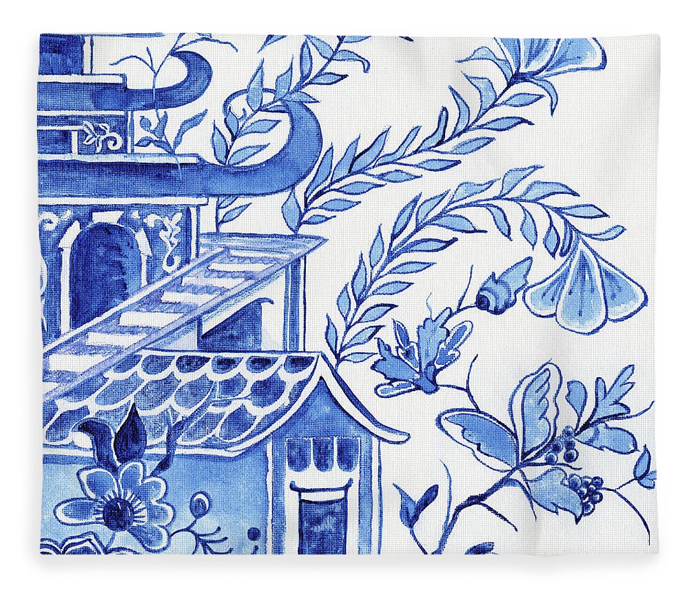 Chinoiserie Fleece Blanket featuring the painting Chinoiserie Blue and White Pagoda Floral 1 by Audrey Jeanne Roberts