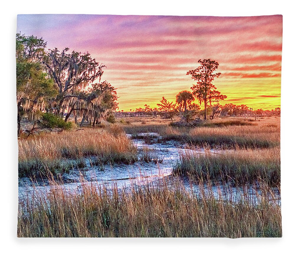 Sunset Fleece Blanket featuring the photograph Chisolm Island Marsh Sunset by Scott Hansen