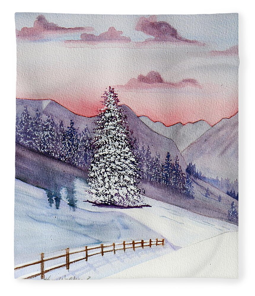 Landscape Fleece Blanket featuring the painting Christmas Dawn Watercolor by Kimberly Walker