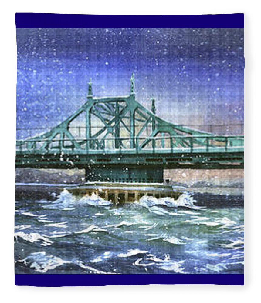 City Island Fleece Blanket featuring the painting City Island Bridge Winter by Marguerite Chadwick-Juner