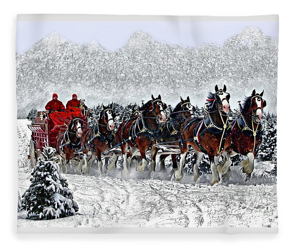 Clydesdales Fleece Blanket featuring the digital art Clydesdales Hitch In Snow by CAC Graphics