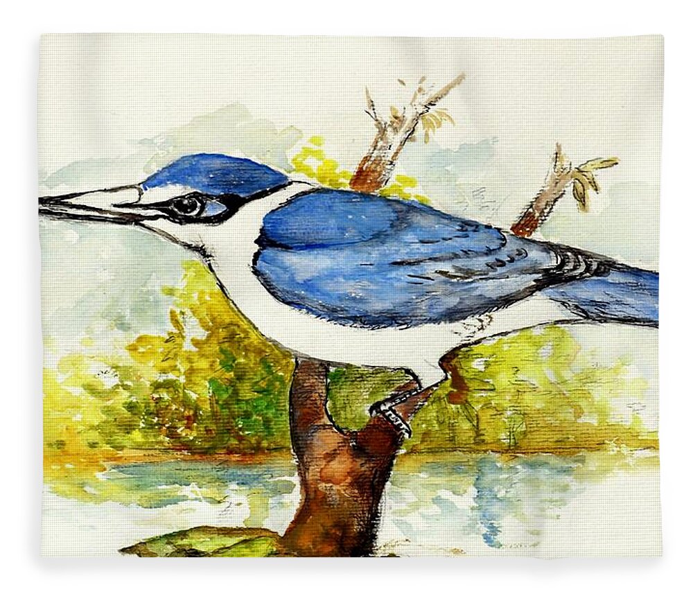 Tree Branches Fleece Blanket featuring the painting Collared Kingfisher by Jason Sentuf