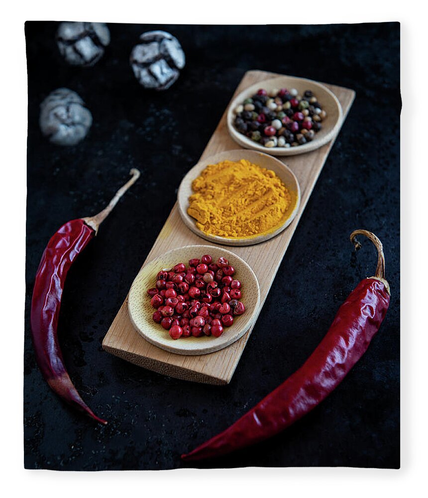 Spice Fleece Blanket featuring the photograph Collection of aromatic herbal peeper spices by Michalakis Ppalis