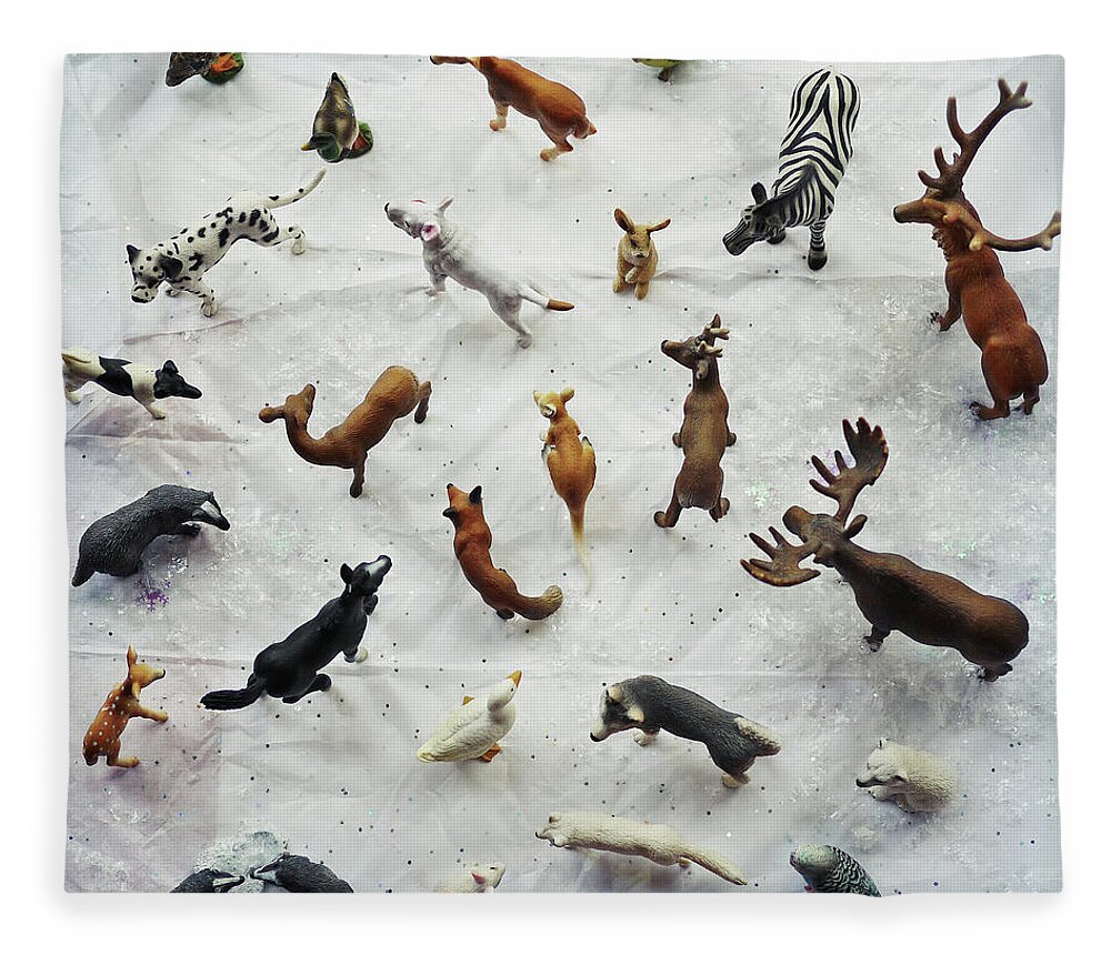 Badger Fleece Blanket featuring the photograph Collection Of Small Toy Animals Viewed by Fiona Crawford Watson