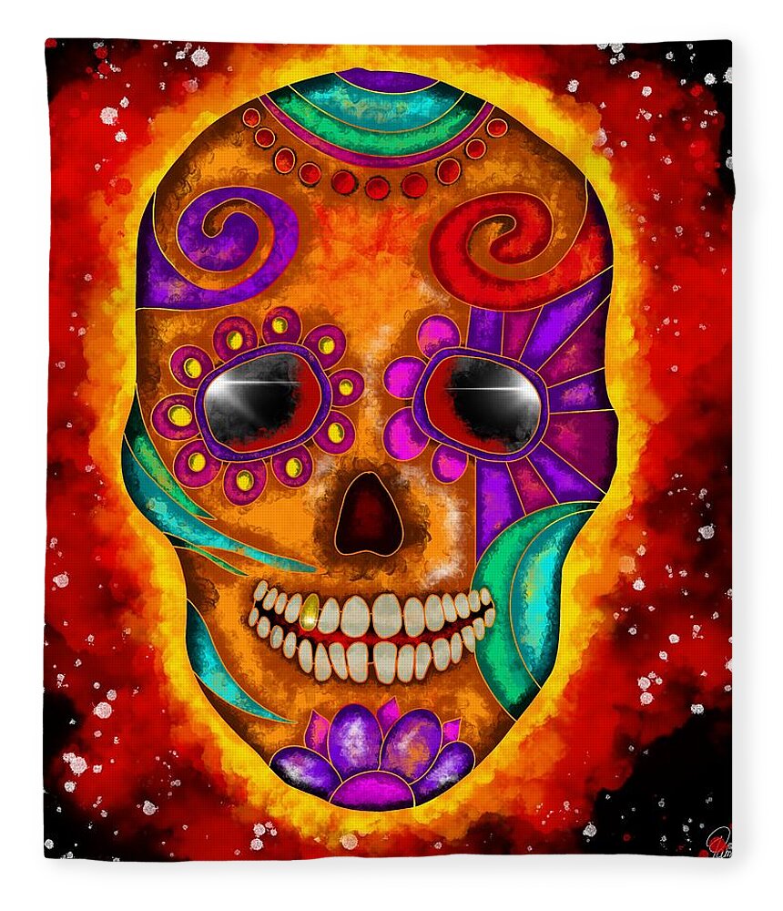Colorful Fleece Blanket featuring the painting Colorful abstract skull and fireball by Patricia Piotrak
