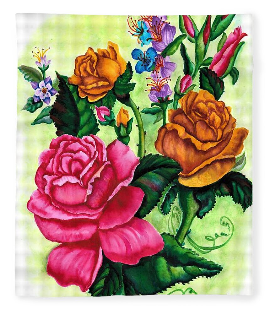 Flower Fleece Blanket featuring the painting Roses by Tara Krishna