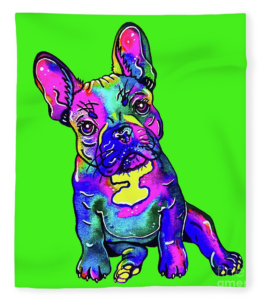 Frenchie Fleece Blanket featuring the mixed media Colorful French Bulldog on Green by Zaira Dzhaubaeva