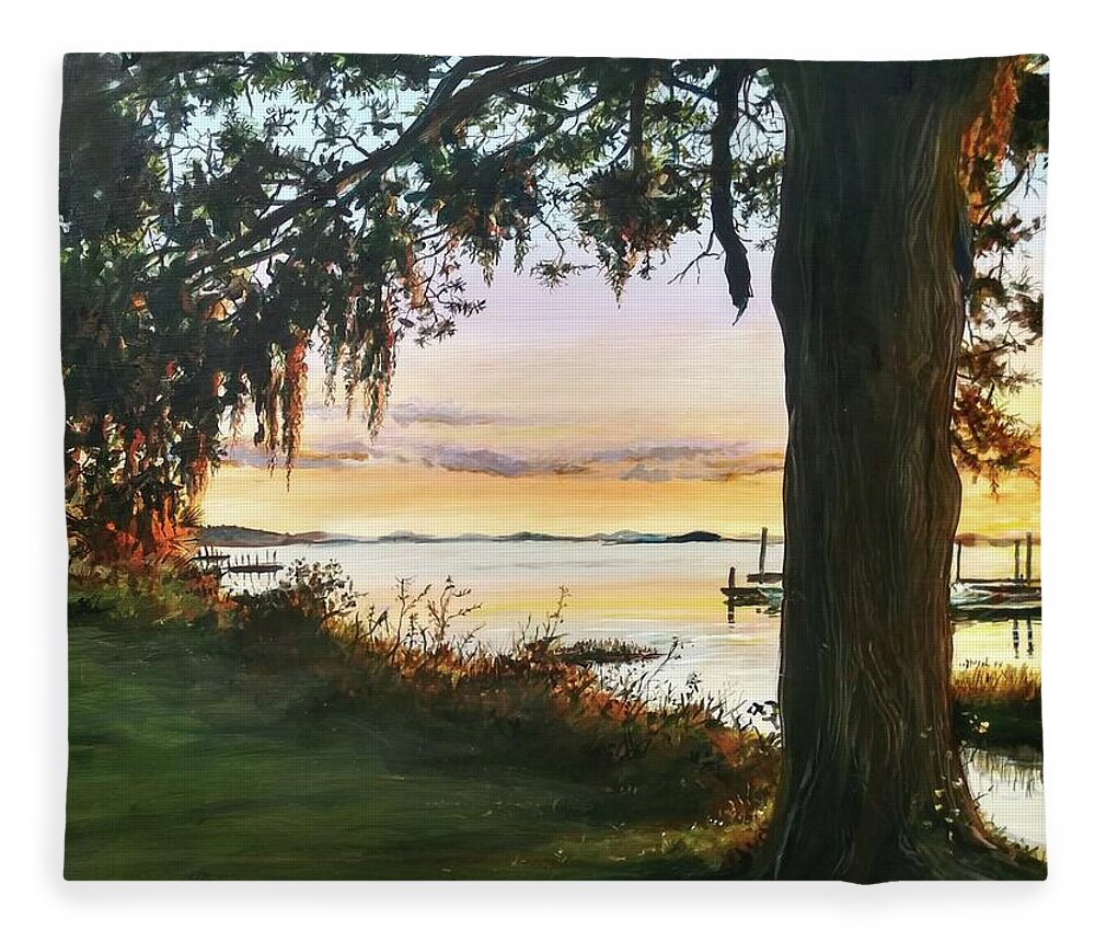 Sunset Fleece Blanket featuring the painting Cooper River Sunset by William Brody