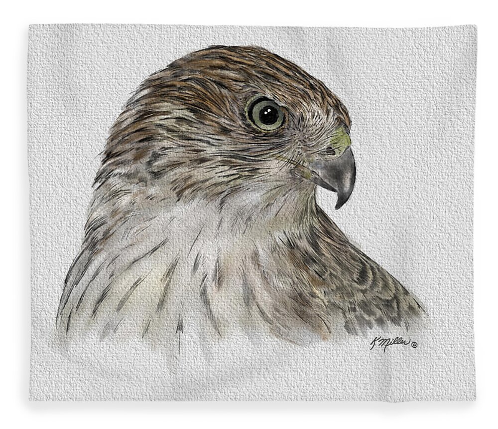 Coopers Hawk Fleece Blanket featuring the drawing Coopers Hawk by Kathie Miller