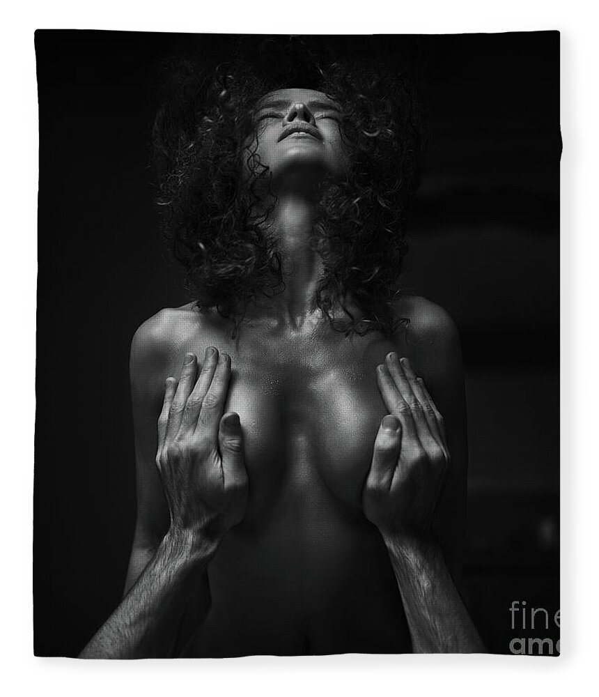 Couple making love woman with wild flying hair and man hands on Fleece Blanket by Awen Fine Art Prints pic