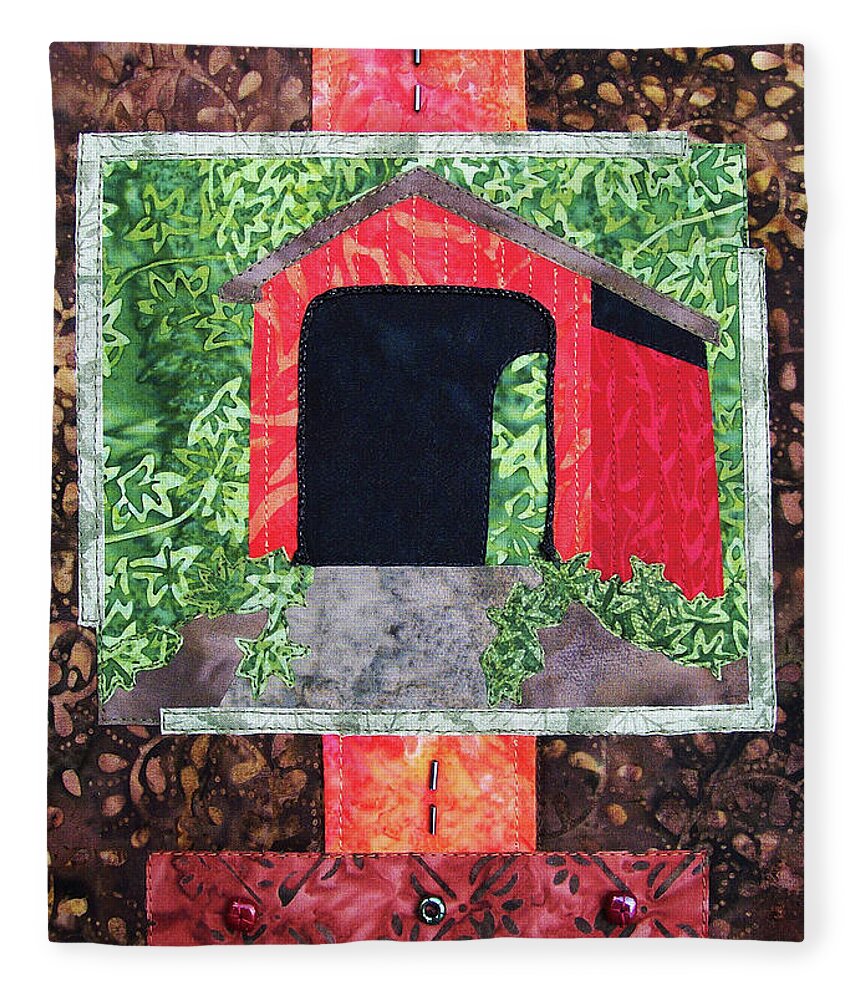 Art Quilt Fleece Blanket featuring the tapestry - textile Covered Bridge by Pam Geisel