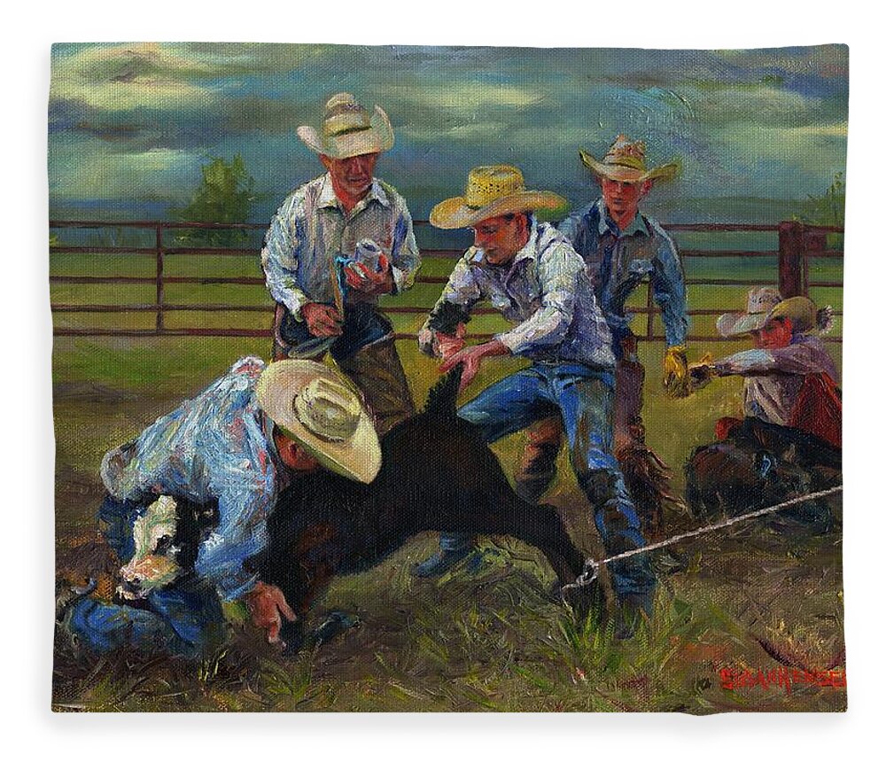 Western Fleece Blanket featuring the painting Cowboy Strong by Susan Hensel