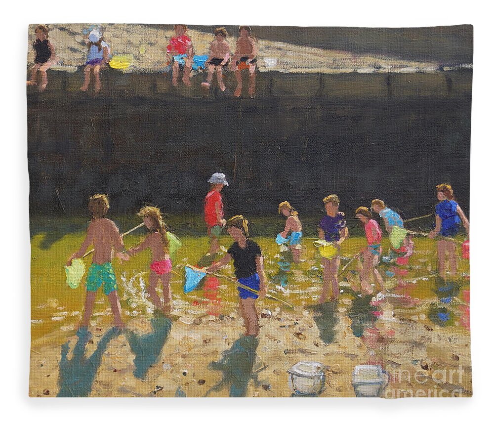 Crabbing In The Harbour Fleece Blanket featuring the painting Crabbing in the Harbour, Bude, Cornwall by Andrew Macara