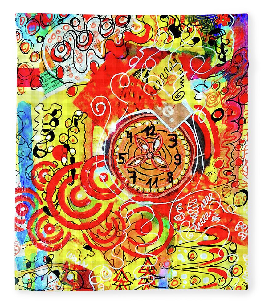Clock Fleece Blanket featuring the mixed media Crazy Time by Mimulux Patricia No