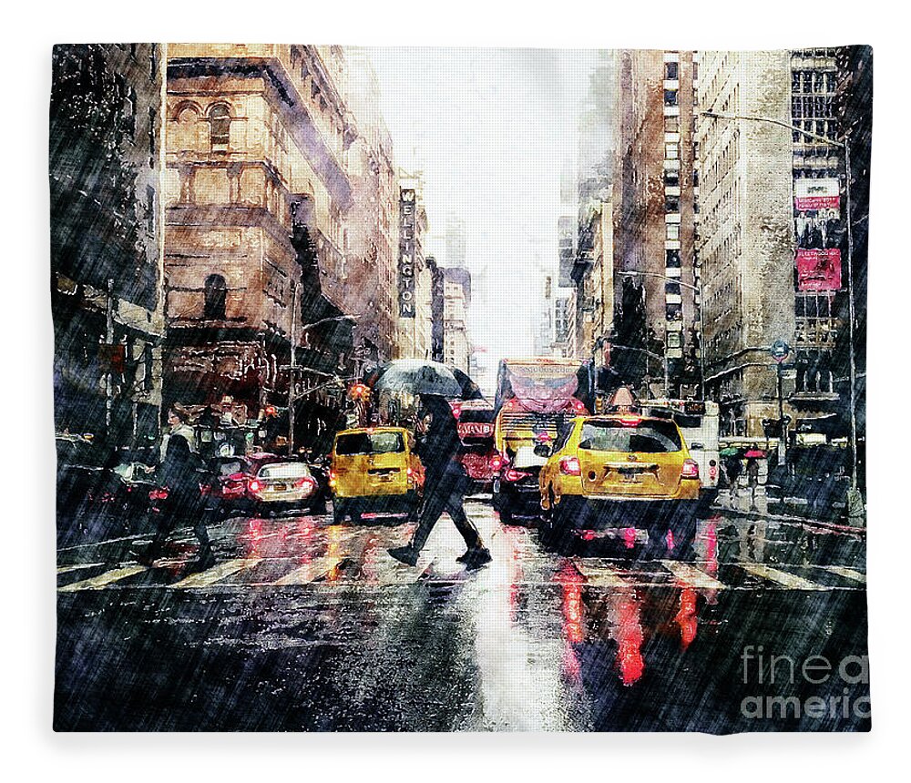 Urban Fleece Blanket featuring the digital art Crossing Street With Umbrella by Phil Perkins