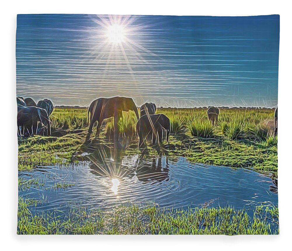 Elephants Fleece Blanket featuring the photograph Crossing The Chobe, Stylized Version by Marcy Wielfaert