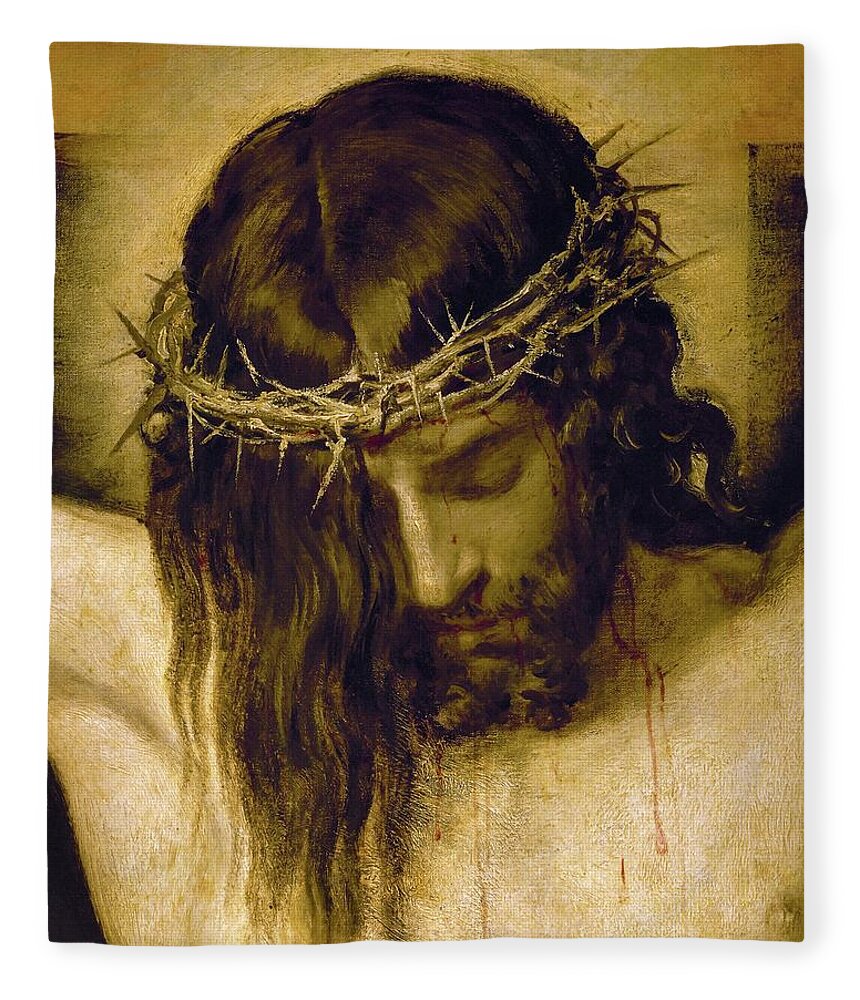 Cristo Crucificado Fleece Blanket featuring the painting Crucified Christ -detail of the head-. Cristo crucificado. Madrid, Prado museum. DIEGO VELAZQUEZ . by Diego Velazquez -1599-1660-