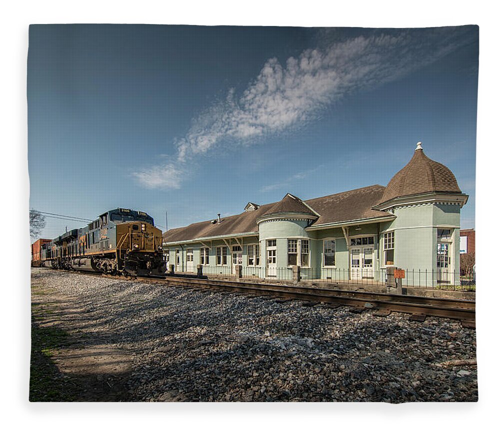 Railroad Fleece Blanket featuring the photograph CSX Q028-19 NB at LN Depot Hopkinsville Ky by Jim Pearson