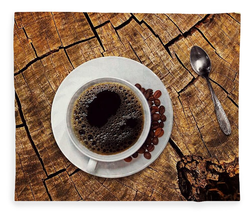 Photo Fleece Blanket featuring the photograph Cup of coffe on wood by Top Wallpapers