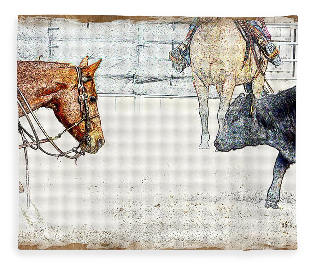 Horse Fleece Blanket featuring the mixed media Cutting Horse At Work by Kae Cheatham