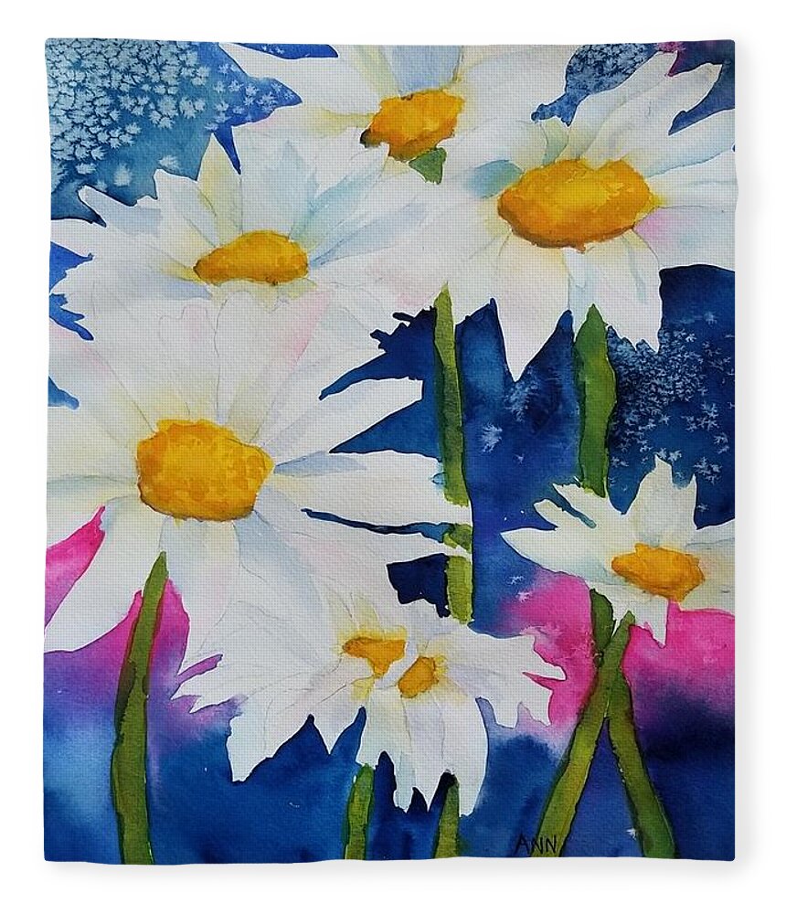 Daisies Fleece Blanket featuring the painting Daisies in Navy by Ann Frederick