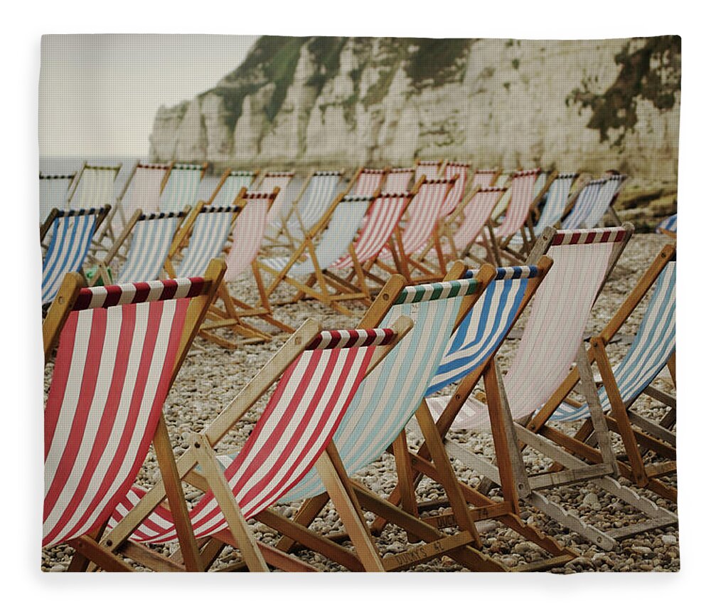 Empty Fleece Blanket featuring the photograph Deck Chairs On Empty Beach by Alison Wooder