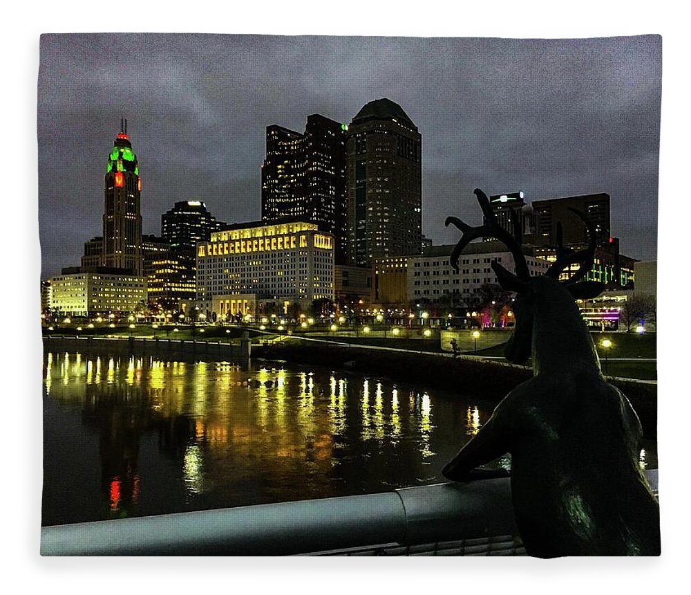 Columbus Fleece Blanket featuring the digital art Deer on Bridge IMG_4143 by Michael Thomas