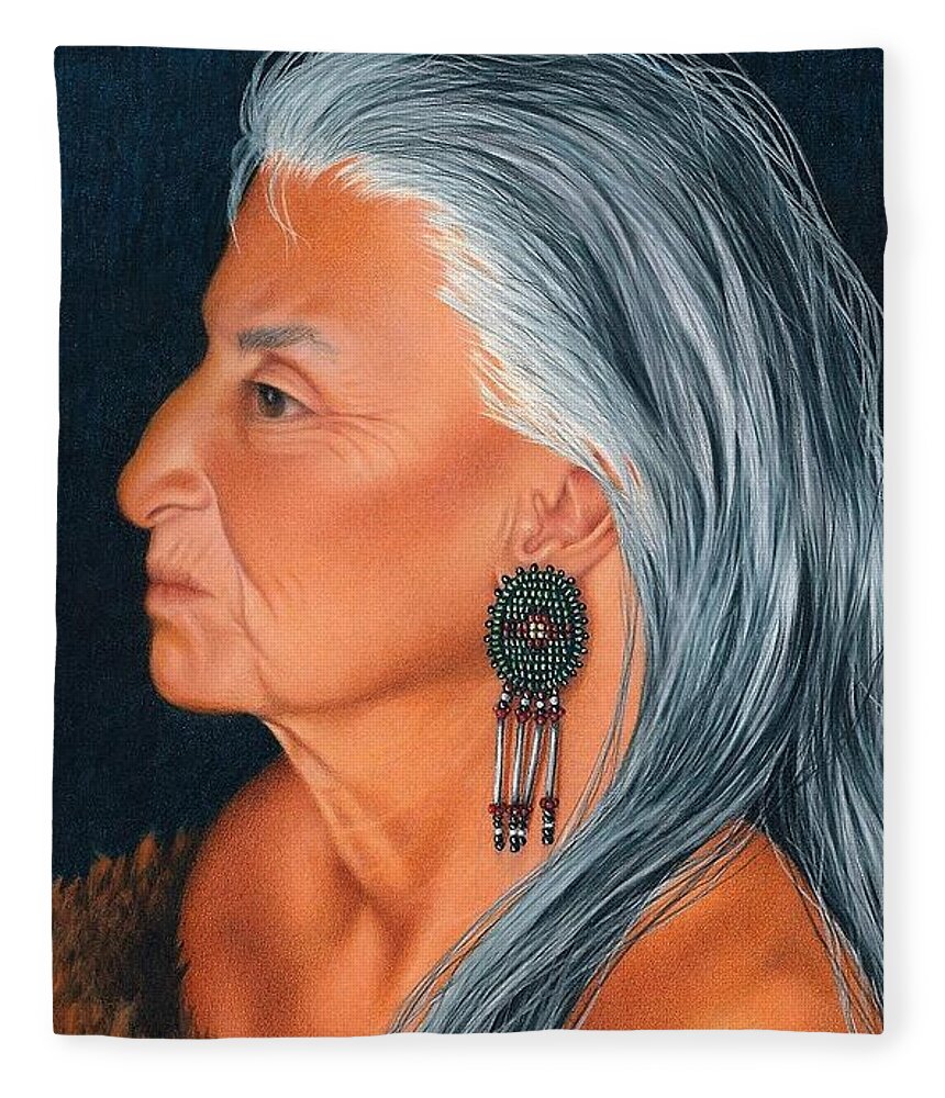Native American Portrait. American Indian Elder Portrait. Fleece Blanket featuring the painting Delaware Elder by Valerie Evans