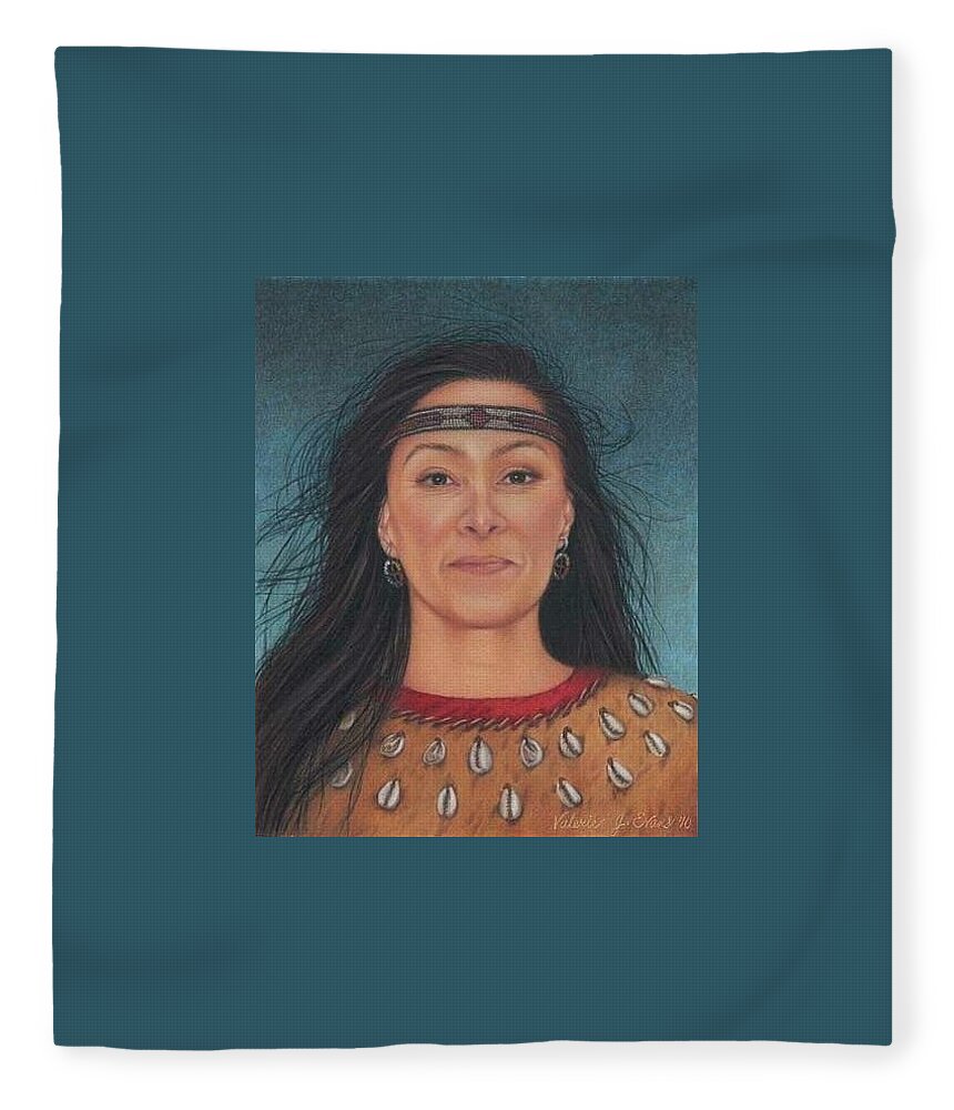 Native American Portrait. American Indian Portrait. Face. Long Dark Hair. Native Indian Dress. Four Directions Earrings. Beaded Headband. Artist Self-portrait Fleece Blanket featuring the painting Delaware Woman by Valerie Evans