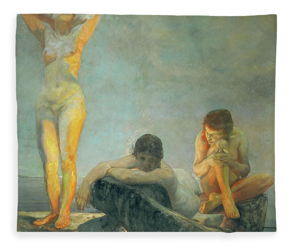 Max Klinger Fleece Blanket featuring the painting Die blaue Stunde-The Blue Hour Oil on canvas, 191,5 x 176 cm. by Max Klinger -1857-1920-