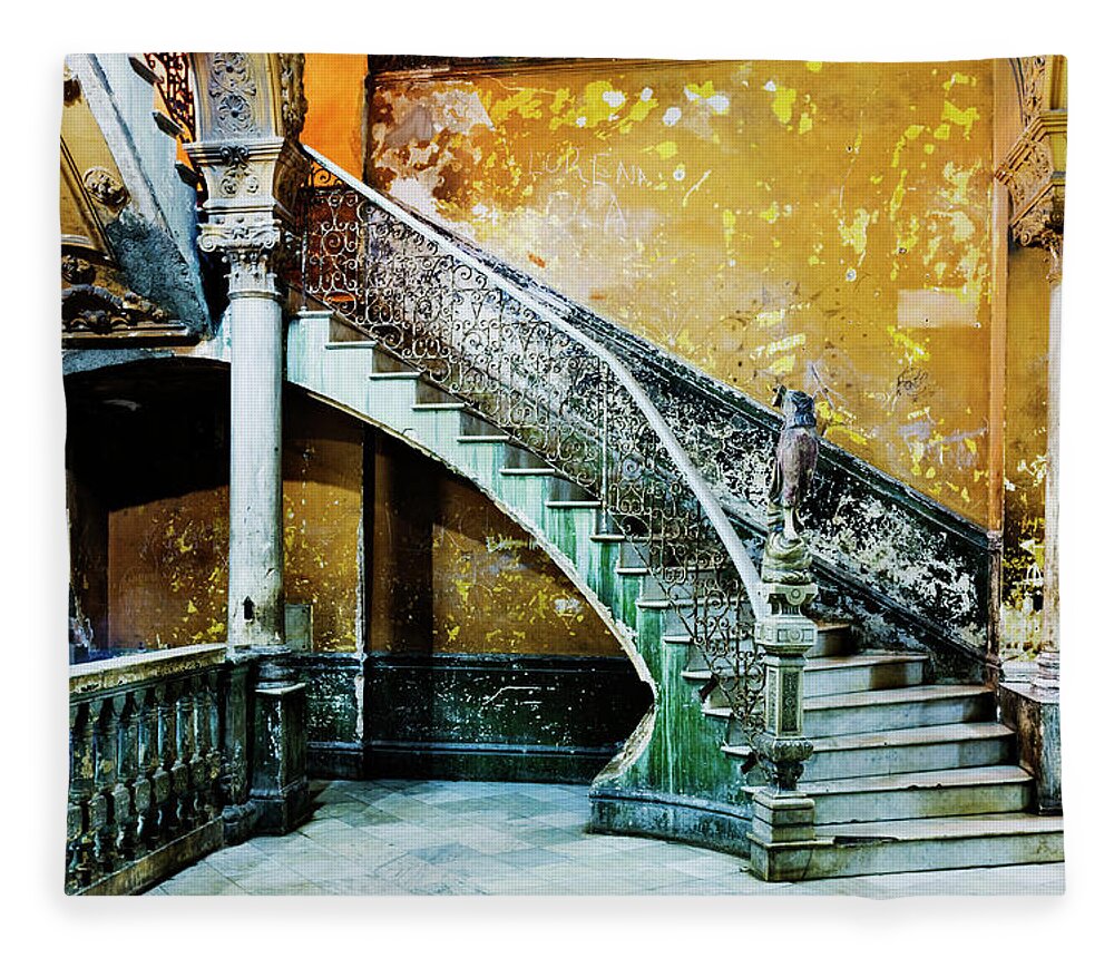 Majestic Fleece Blanket featuring the photograph Dilapidated, Ornate Stairway by Pixelchrome Inc
