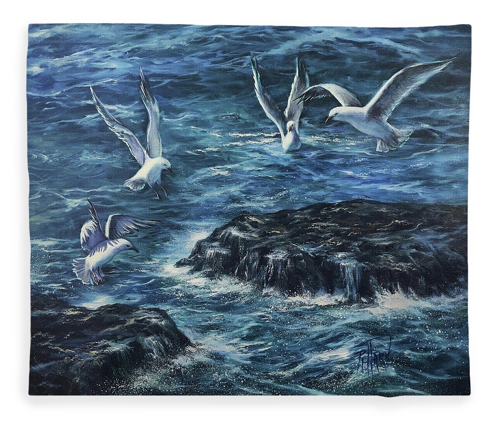 Seagulls Fleece Blanket featuring the painting Seagull's Rock by Lynne Pittard