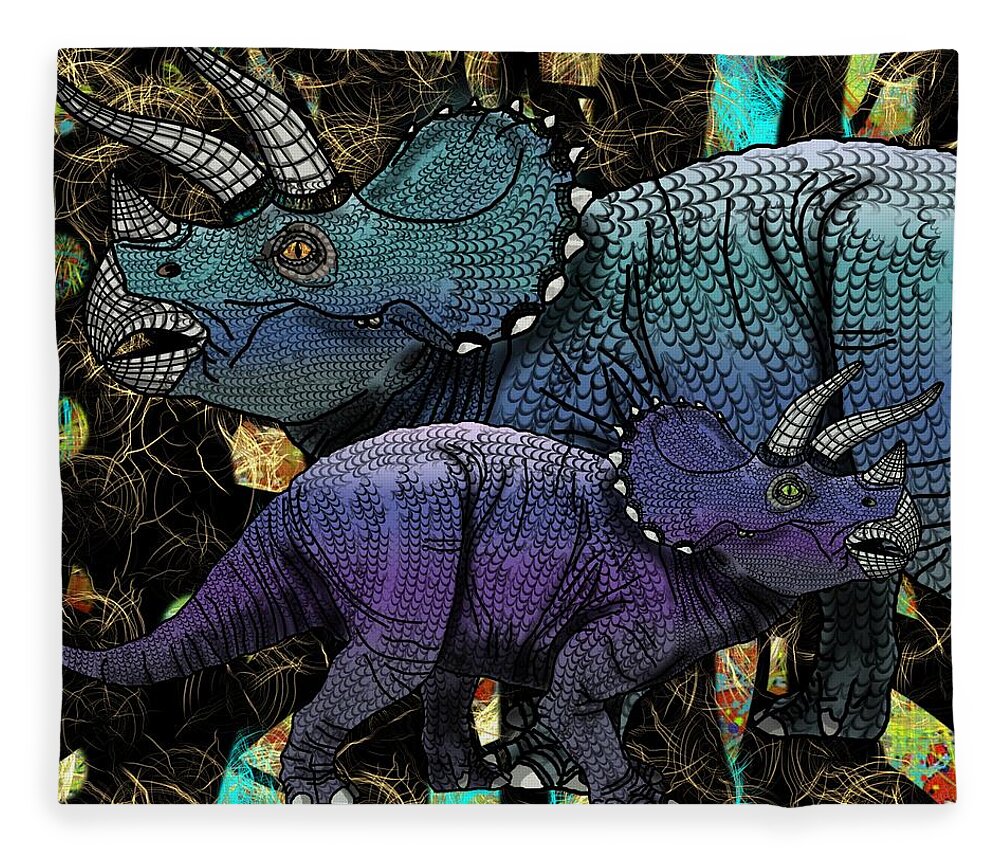 Dinosaur Fleece Blanket featuring the digital art Dinosaur Triceratops and calf by Joan Stratton