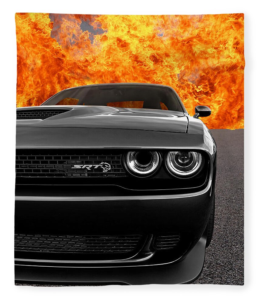 Dodge Fleece Blanket featuring the photograph Dodge Hellcat SRT With Flames by Gill Billington