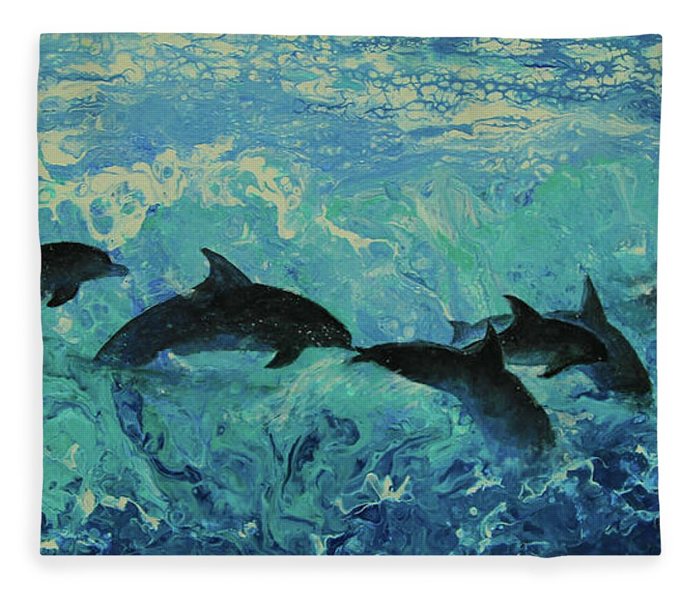 Painting Fleece Blanket featuring the painting Dolphins Surf by Jeanette French