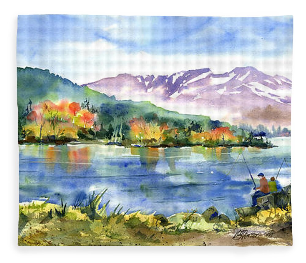 Donner Lake Fleece Blanket featuring the painting Donner Lake Fisherman by Joan Chlarson