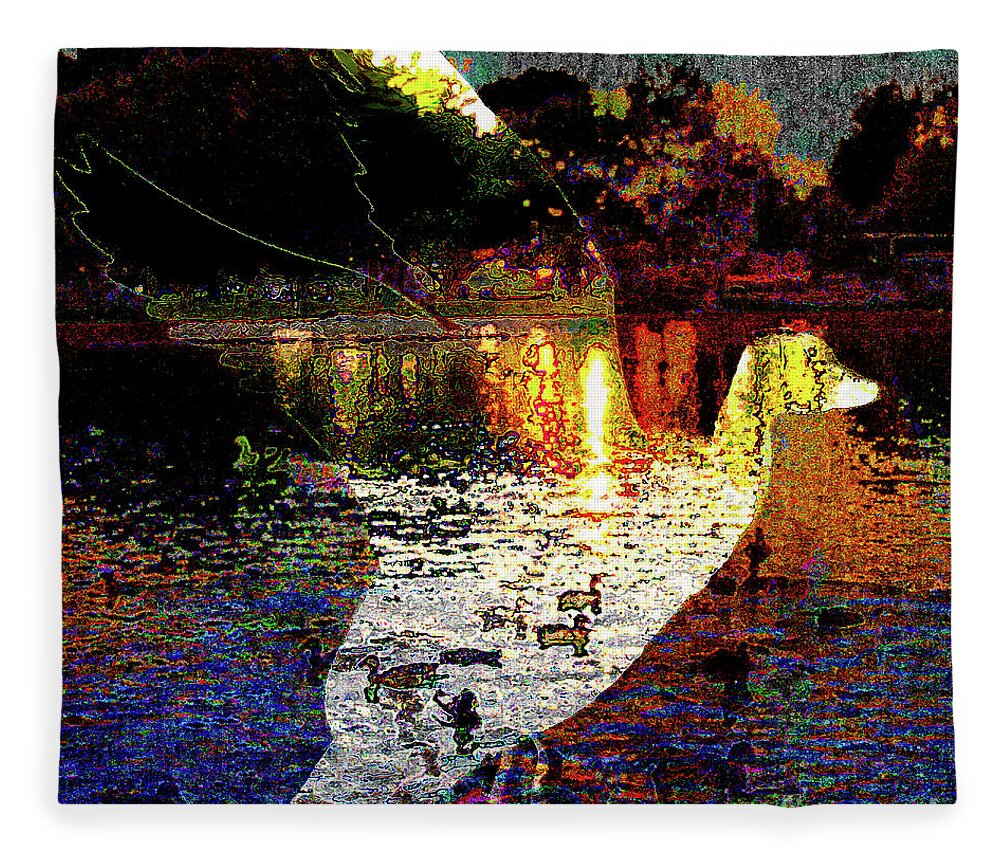 Duckpond Fleece Blanket featuring the painting Duckpond at Dusk.flight over lake by Bonnie Marie