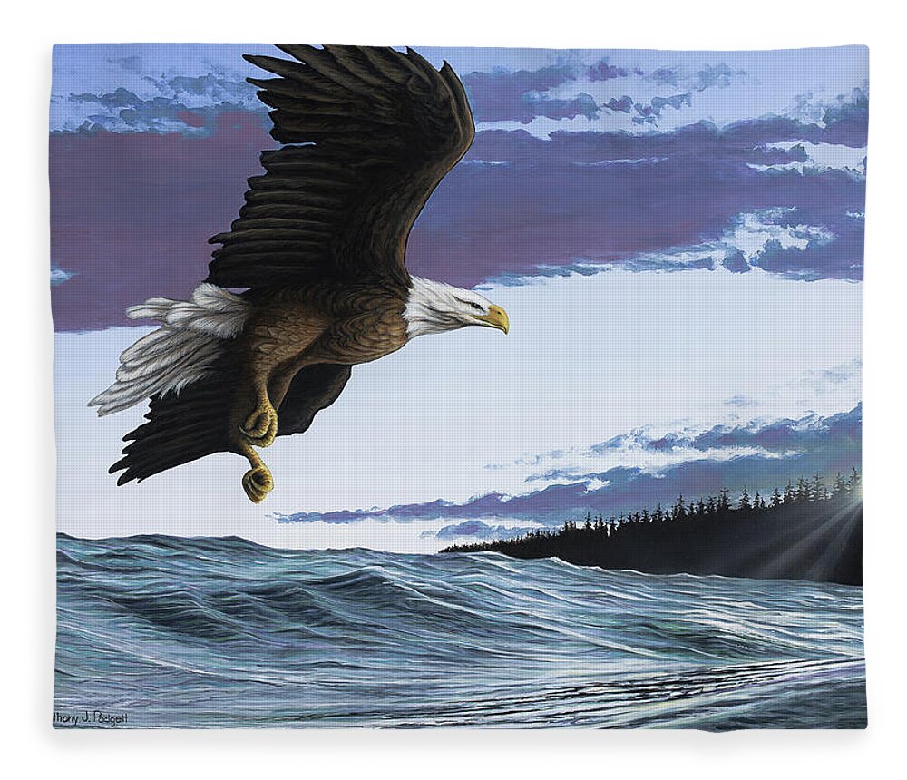 Landscape Fleece Blanket featuring the painting Eagle in Flight by Anthony J Padgett