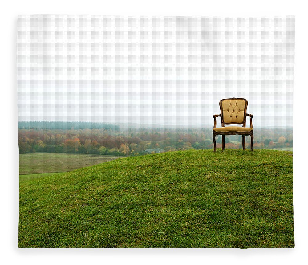 Grass Fleece Blanket featuring the photograph Empty Old Chair On Hill by Mikkelwilliam