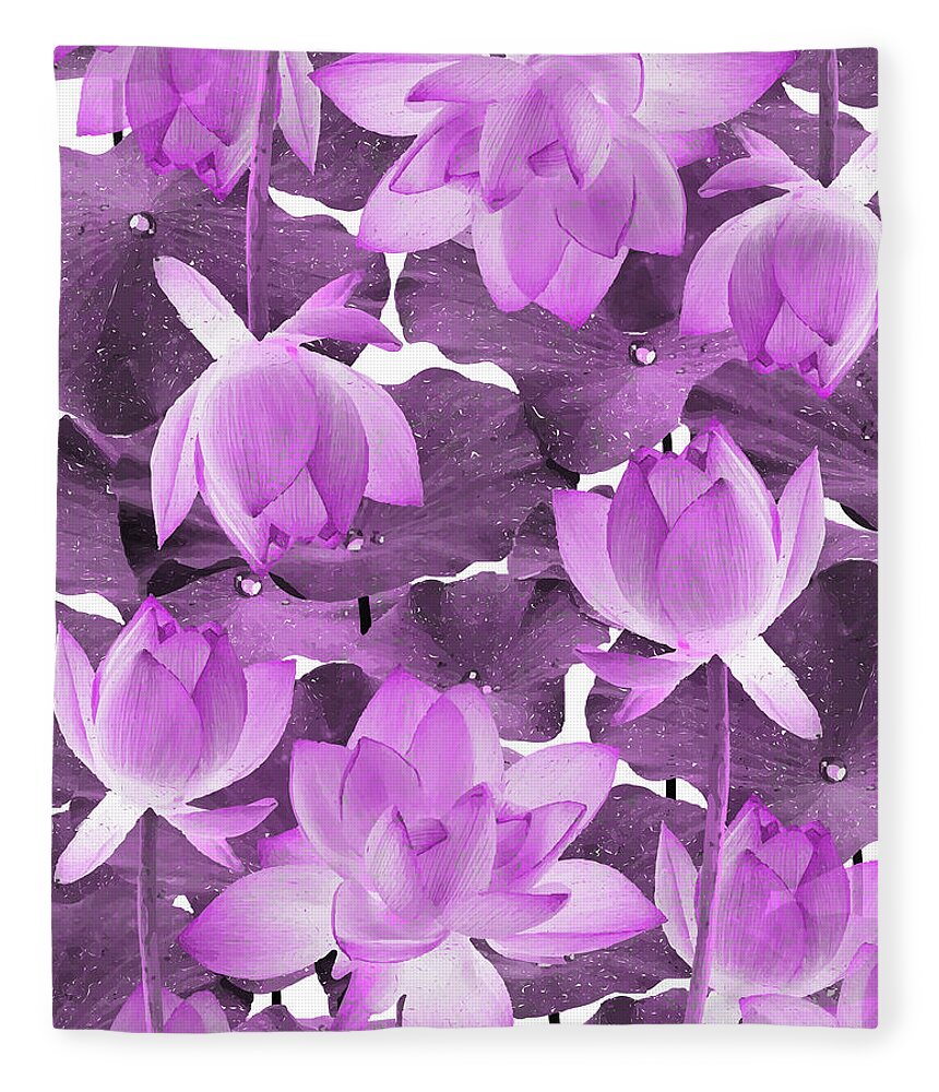 Lotus Fleece Blanket featuring the mixed media Ethereal Purple Lotus Flower - Tropical, Botanical Art - Purple Water Lily - Lotus Pattern - Violet by Studio Grafiikka