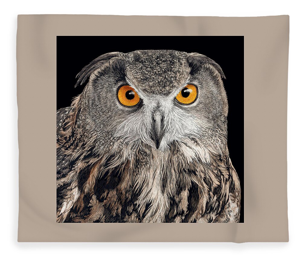 Owl Fleece Blanket featuring the drawing Eurasian Eagle Owl by Ann Ranlett