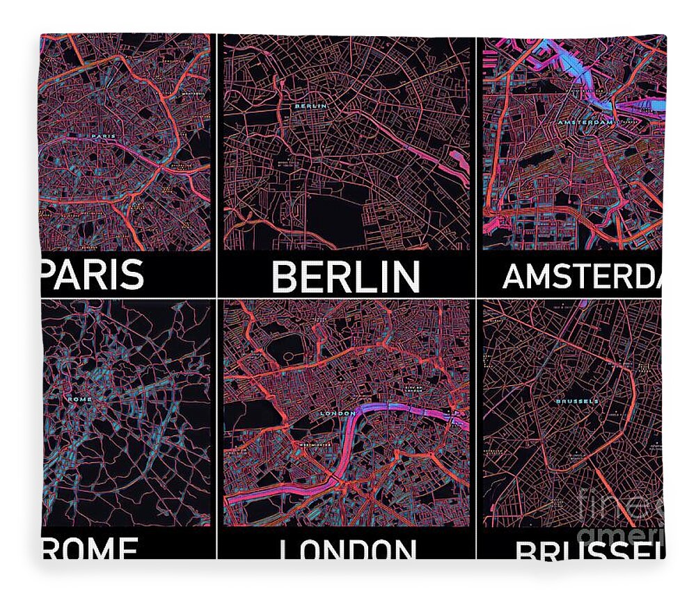 European Fleece Blanket featuring the digital art European Capital Cities Maps by HELGE Art Gallery