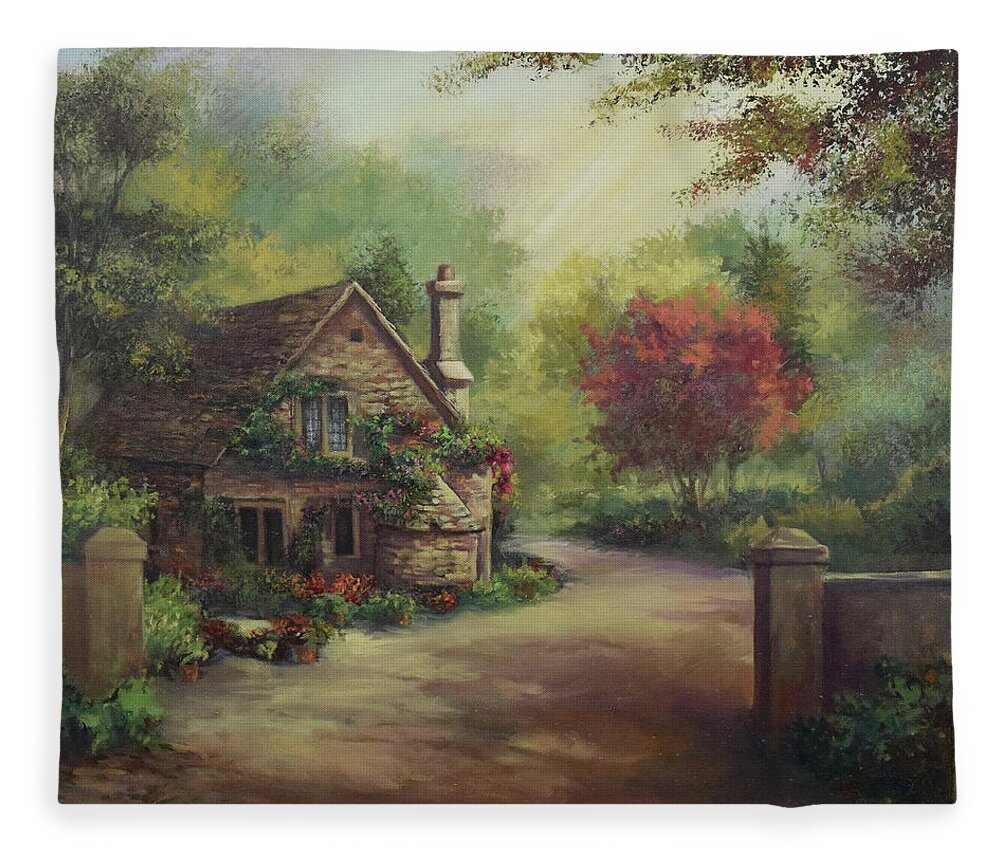 European Cottage Fleece Blanket featuring the painting European Cottage I by Lynne Pittard